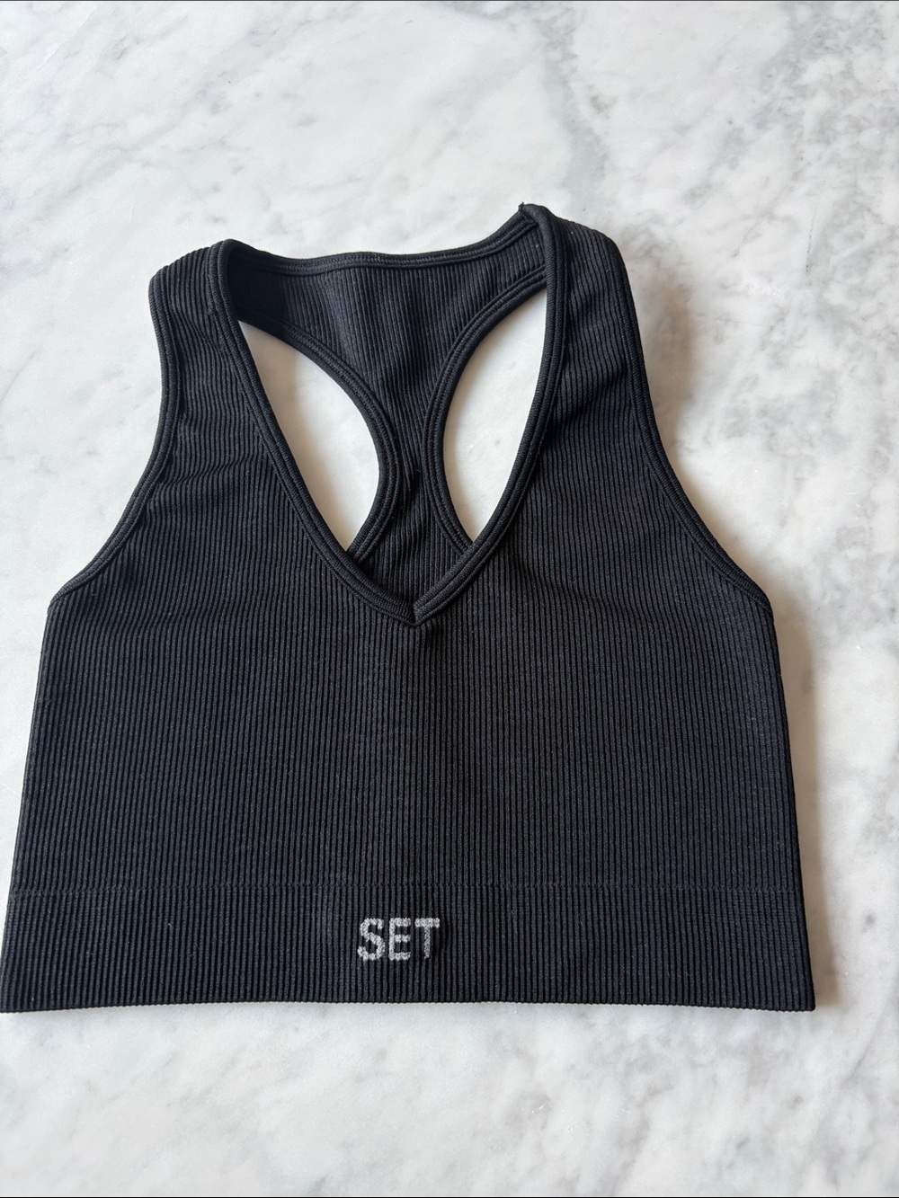 SET Active Black Ribbed V-Neck Racerback Crop Tank
